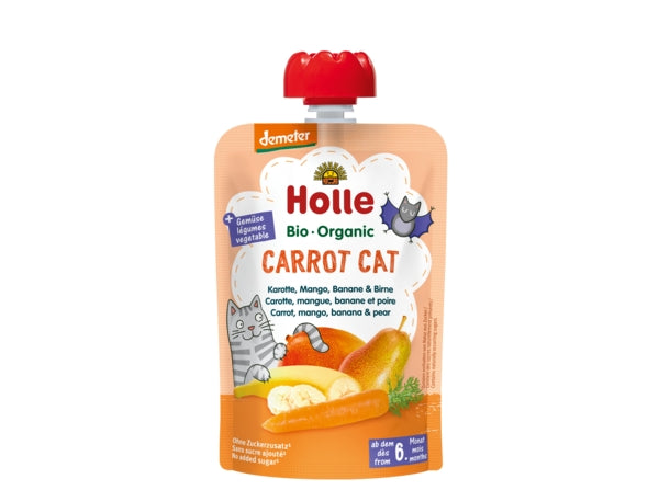 Holle Organic Pure Fruit Pouches - 6 Pack -Carrot Cat with Carrot, Mango, Banana & Pear