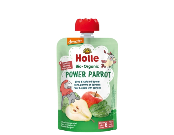Holle Organic Pure Fruit Pouches - 6 Pack -Power Parrot with Pear, Apple and Spinach