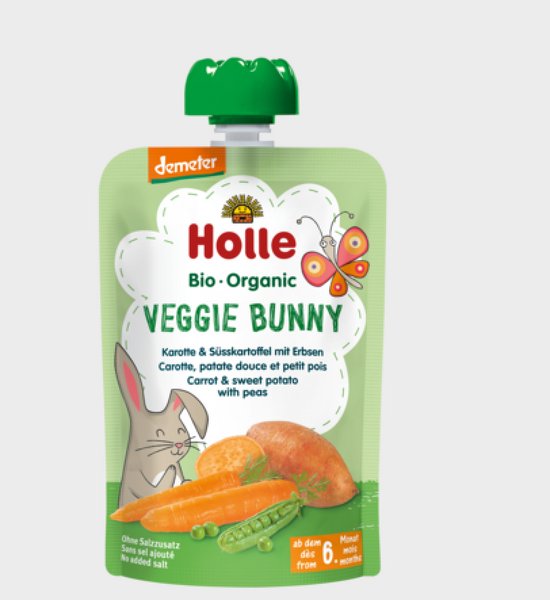 Holle Organic Pure Vegetables Pouches - 6 Pack - Veggie Bunny Carrot with sweet potatoes and peas